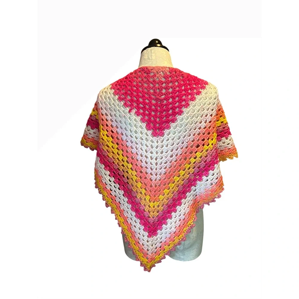 Handmade Crochet Triangle Shawl Rainbow Pink & Orange Regular Sz Boho Ombre NEW